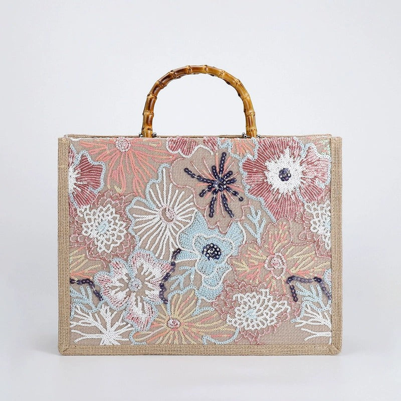 ARABELLA | PASTEL FLORAL SEQUIN BAMBOO HANDLE TOTE BAG
