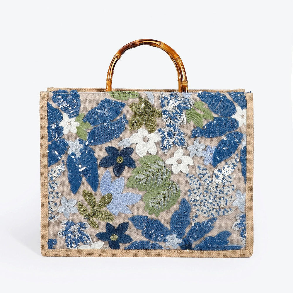 CORDELIA | BLUE FLORAL SEQUIN BAMBOO HANDLE TOTE BAG