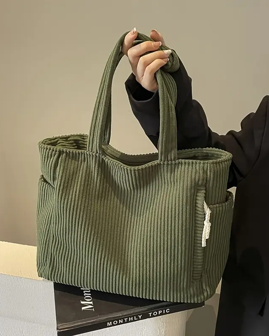 SOPHIE | RIBBED TOTE BAG WITH DRAWSTRING DETAIL