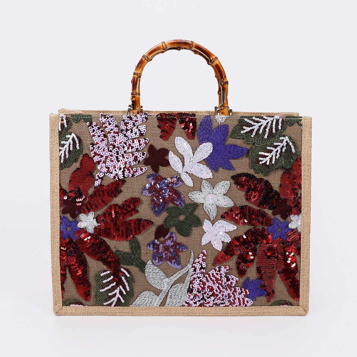 ROSALIND | FLORAL SEQUIN BAMBOO HANDLE TOTE BAG
