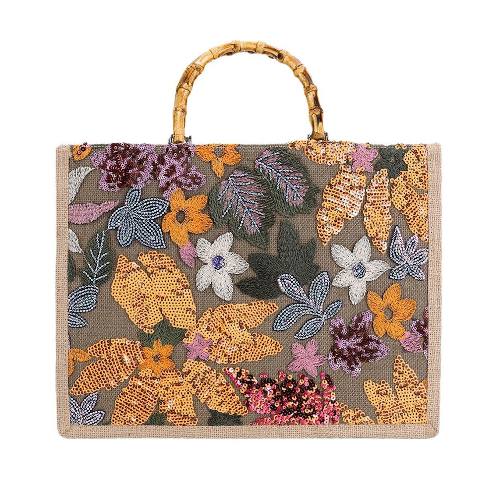 CLEMENTINE | FLORAL SEQUIN BAMBOO HANDLE TOTE BAG