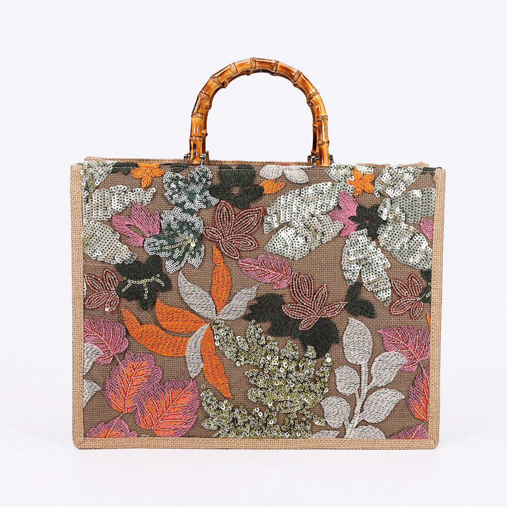 AUTUMNLEAF | BOTANICAL SEQUIN BAMBOO HANDLE TOTE BAG