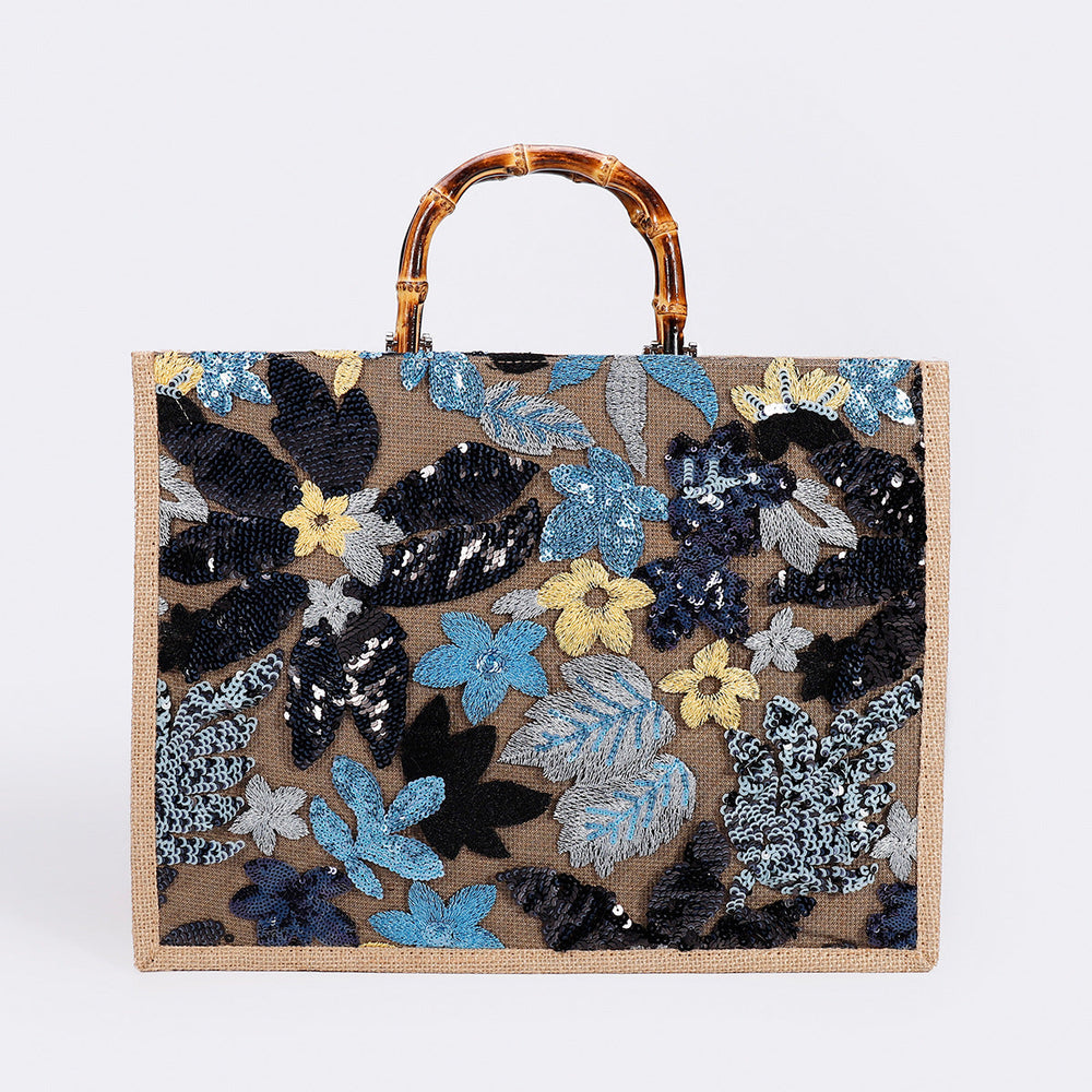 ADELINE | BLUE FLORAL SEQUIN BAMBOO HANDLE TOTE BAG